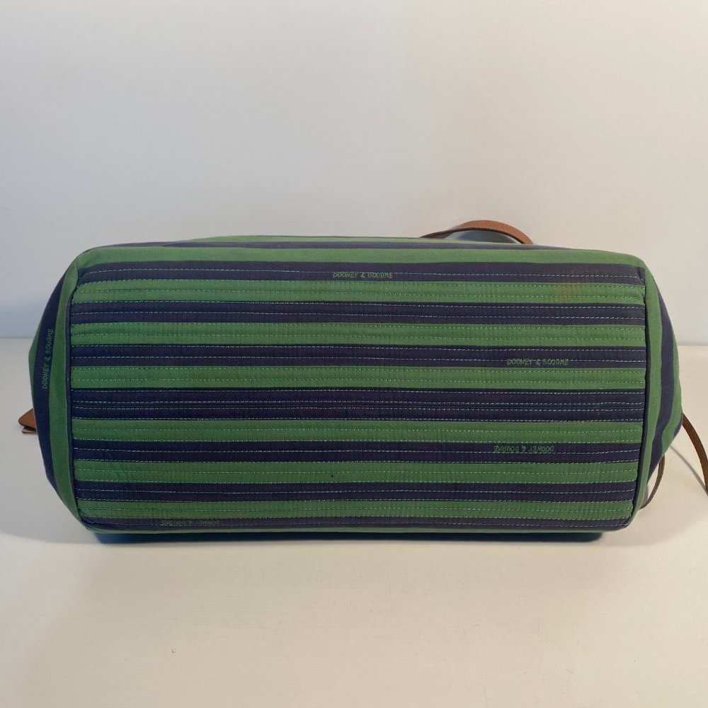 Dooney & Bourke Green Blue Striped Fabric Brown Leather Strap Large Tote Bag - Picture 5 of 10